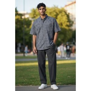 Molokai Surf Co Dinosaur Print Button Up Shirt Mens Medium Gray Short Sleeve